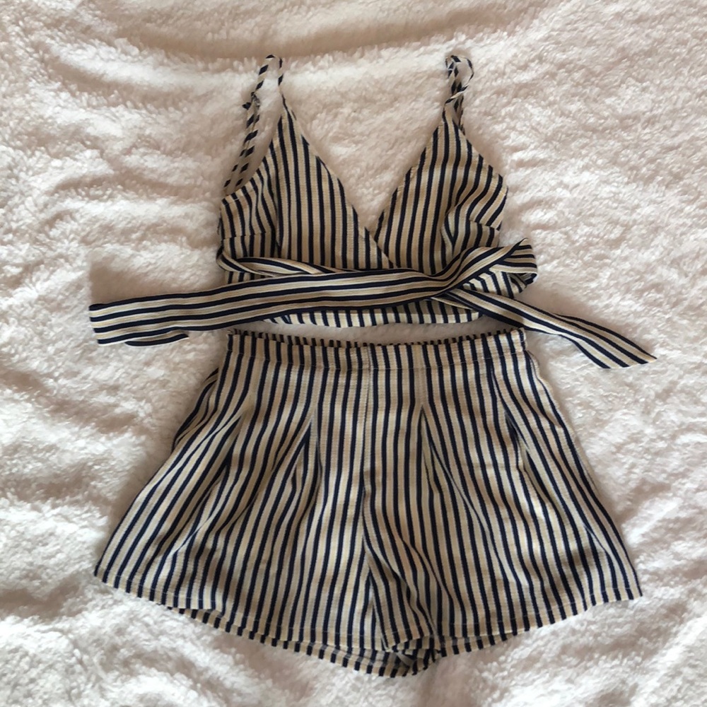 Blue and Yellow Vertical Striped Two Piece Set